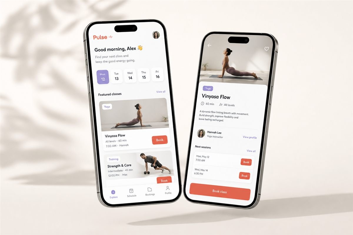 Pulse — fitness class booking app on two phones