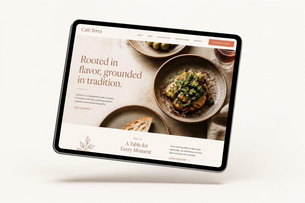 Café Terra — hospitality website on a tablet